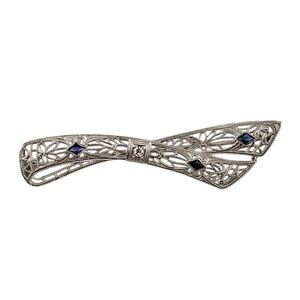 14 Karat White Gold Filigree Sapphire & Diamond Bow Brooch #20073